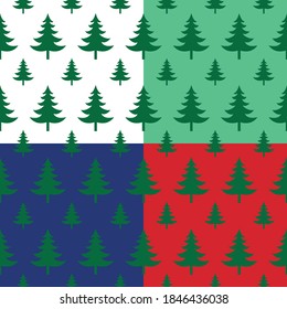 Green christmas trees seamless pattern on white, green, blue and red background