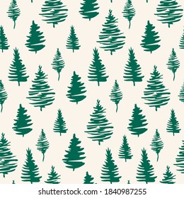 Green Christmas trees seamless patterns. Green forest with pine trees, hand drawn vector endless illustration for fabric and sublimation print design