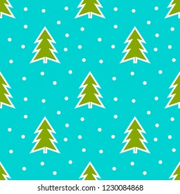 Green Christmas trees and snow on blue background, Christmas pattern.