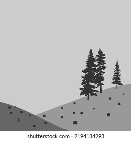 Green christmas trees stumps cut. Mountains, forest. Vector illustration. Stock image. 