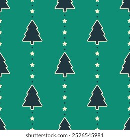 Green christmas trees and white stars on dotted background. Vector seamless pattern. Seasonal decoration.