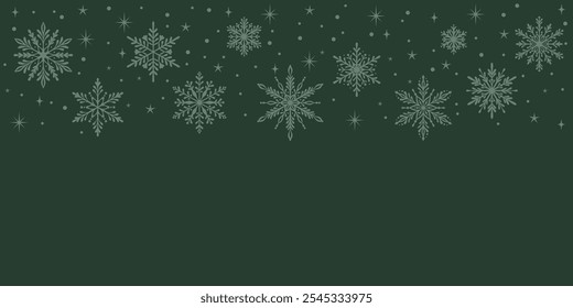 Fundo de vetor de Natal verde, design elegante borda floco de neve, cabeçalho desenhado à mão feriado festivo, com neve e elementos ícone estrela