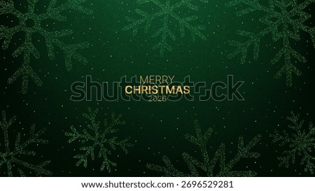 Green christmas vector background with sparkling snowfall and snowflakes, merry Christmas 2026 text with white dot texture. Christmas holiday greeting card.