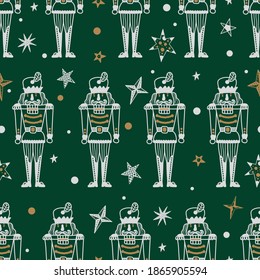 Green Christmas vector seamless Nutcracker pattern. Can be used for wallpaper, pattern fills, web page background, surface textures.