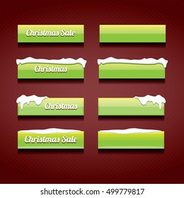 green Christmas web buttons set. glossy winter web buttons with snow and ice