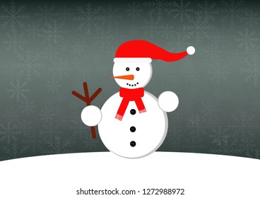 Green Christmas winter background with white snowflakes. There are snowman with red hat, scarf and carrot nose. It is vector illustration of Santa Claus time.