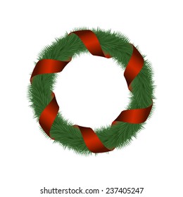 green christmas wreath decorated with red ribbons - vector illustration