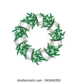 Green christmas wreath with decorations isolated on white background. Vector illustration. 