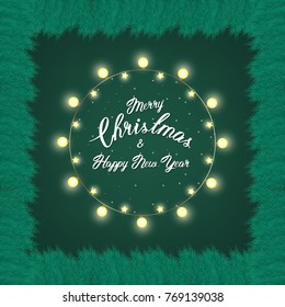 Green Christmas wreath with incandescent light string and pine tree branches. Vector template, space for text