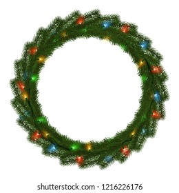 Green Christmas wreath with light string vector isolated on white background. Xmas round garland decoration effect. Ring frame of branch christmas tree and light. Vector illustration.