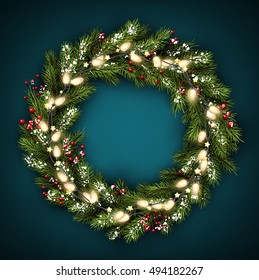 Green Christmas Wreath With Lights, Holly And Snow. Vector Illustration.