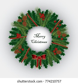 Green Christmas wreath on light background