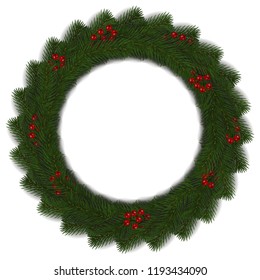 Green Christmas wreath with red berry vector isolated on white background. Xmas round garland decoration effect. Ring frame of branch christmas tree. Vector illustration.