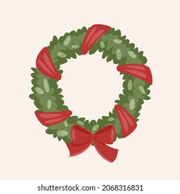 Green Christmas wreath with red ribbon and bow. Vector illustration. 