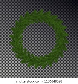 Green Christmas wreath vector isolated on checkered background. Xmas round garland decoration effect. Ring frame of branch christmas tree. Vector illustration.