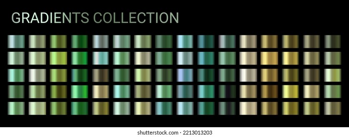 Green chrome gradient set vector colorful palette of metallic colors. Holographic background green, emerald, olive color swatch template for banner, screen, mobile, car. Metal gradient vector design