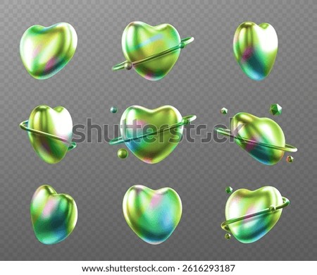Green chrome heart shapes set on transparent background. Shiny metallic gradient Valentine day symbol in various angles. Glossy colorful holographic love icon, romantic iridescent 3d design element