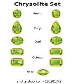 Green chrysolite set different cut - round, drop, oval, boat and octagon. Brilliant three-dimensional jewelry on a white background. Isolated Objects. 