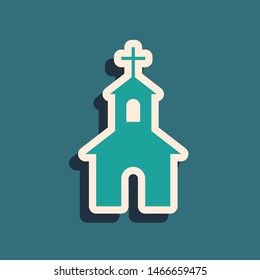 Green Church building icon isolated on blue background. Christian Church. Religion of church. Long shadow style. Vector Illustration