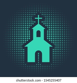 Green Church building icon isolated on blue background. Christian Church. Religion of church. Abstract circle random dots. Vector Illustration