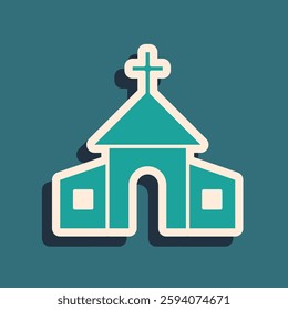 Green Church building icon isolated on green background. Christian Church. Religion of church. Long shadow style. Vector