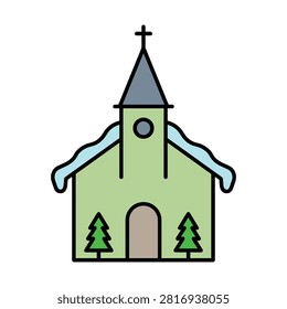 Green church with snow and pine trees