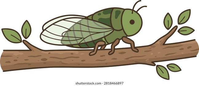Green Cicada Sitting On Tree Branch Vector Insect Illustration