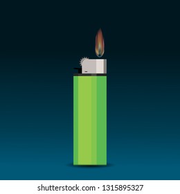
Green cigarette lighter with a flame on a dark background