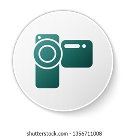 Green Cinema camera icon isolated on white background. Video camera. Movie sign. Film projector. Green circle button. Vector Illustration