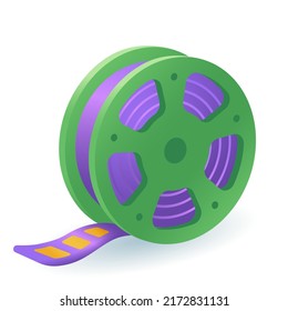 El tambor de cine verde con cinta de película púrpura icono 3D. Rollo con cinta de tira de película para la producción de películas de vídeo, estreno de televisión ilustración vectorial 3D sobre fondo blanco. Entretenimiento, concepto de festival