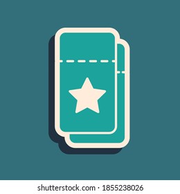 Green Cinema ticket icon isolated on green background. Long shadow style. Vector.