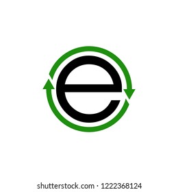Green circle arrow with the initial letter e. vector illustration