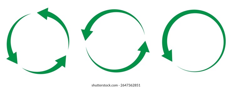 Setas circulares verdes. Símbolo de recarregar, atualizar, carregar, reciclar e repetir. Interconexão de conjunto de ícones de vetor de seta redonda. Ícone Reciclar, repetir, atualizar. Ilustração vetorial.