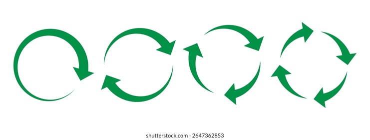 Setas circulares verdes. Símbolo de recarregar, atualizar, carregar, reciclar e repetir. Interconexão de conjunto de ícones de vetor de seta redonda. Ícone Reciclar, repetir, atualizar. Ilustração vetorial.