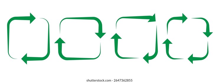 Setas circulares verdes. Símbolo de recarregar, atualizar, carregar, reciclar e repetir. Interconexão de conjunto de ícones de vetor de seta redonda. Ícone Reciclar, repetir, atualizar. Ilustração vetorial.