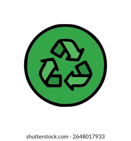 Green Circle with Black Recycle Symbol and Thick Outline in Flat Minimalist Style on White Background