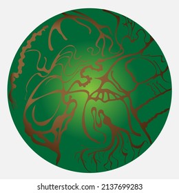 Grüner Kreis mit braunem organischen Denkmuster.Neurografische Kunst,
Kreativität, Psychologie. Abstrakte Vektorgrafik. 