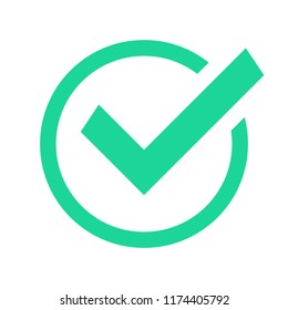 Green circle check mark. Confirmation tick okey marks, accepted marked agree pictogram success sign and positive checked confirm marking checks box for accepted checklist flat vector icon