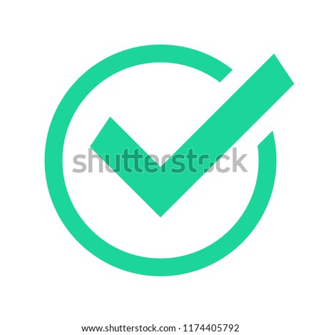 Green circle check mark. Confirmation tick okey marks, accepted marked agree pictogram success sign and positive checked confirm marking checks box for accepted checklist flat vector icon