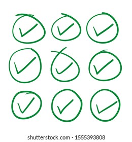green circle Check mark icon with hand drawn doodle style vector