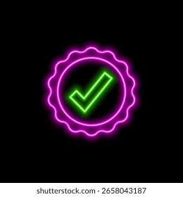 Green circle with check mark. neon style, approval, confirmation, success, checked, icon, simple, minimalist design.checklist icon.neon..