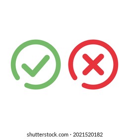 Green circle with check mark and red circle with cross sign. Approved and rejected symbol.