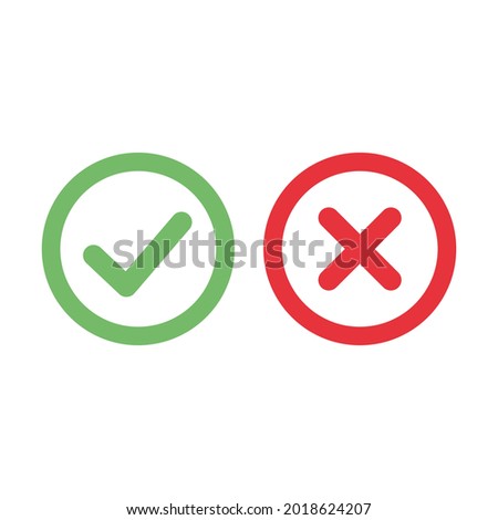 Green circle with check mark and red circle with cross sign. Approved and rejected symbol.