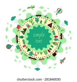 Green circle city road with different transport, planes, air balloon. Ecology and environment. Transportation, travel. Vector illustration