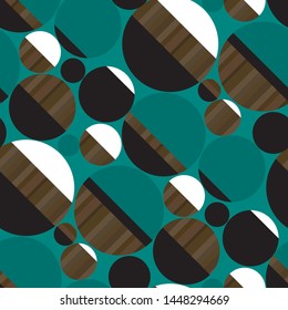 Green circle and disc vintage 50s seamless pattern with wood texture, emerald, black and white stripes. Repeatable motif for fabric, textile, wrap, surface, web and print design. 