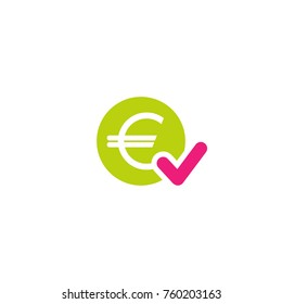 Green circle with euro sign and pink ok tick. Flat icon. Isolated on white. Pay sign. Accept button. Check box. Good for web and software interfaces. Vector illustration.