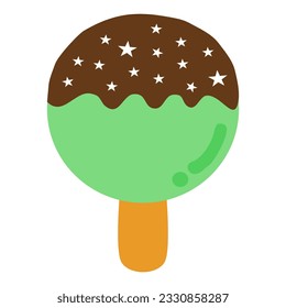 Green circle ice cream drawing with brown chocolate glaze on top and sprinkle the white star shaped topping.