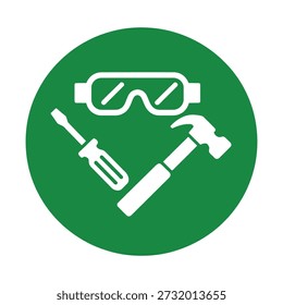 A green circle icon featuring white safety goggles, a screwdriver, and a hammer, symbolizing safety and tools.