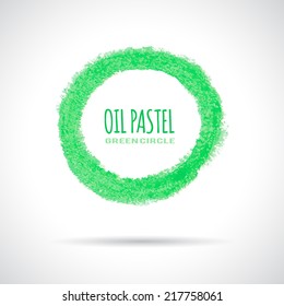 Green circle icon, hand drawn with oil pastel crayon. Corporate logo, ecology concept.