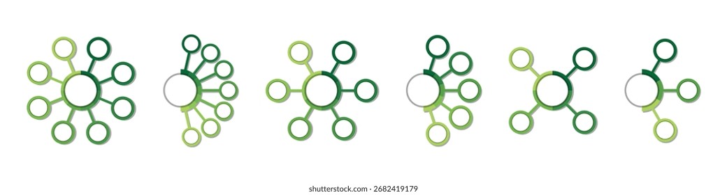 Modelo infográfico de círculo verde. 3, 4, 5, 6, 7 e 8 opções circulares. Apresentação de visualização de dados, fluxograma e diagrama	